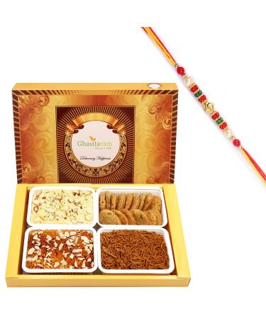 Ghasitaram Gifts Rakhi Gifts for Brothers Rakhi Sweets - Big Box of Soan Papdi Milk Cake Methi Mathi and SOYA Sev with Pearl Beads Rakhi Box of Soan Papdi Milk Cake Methi Mathi Sev Rakhi