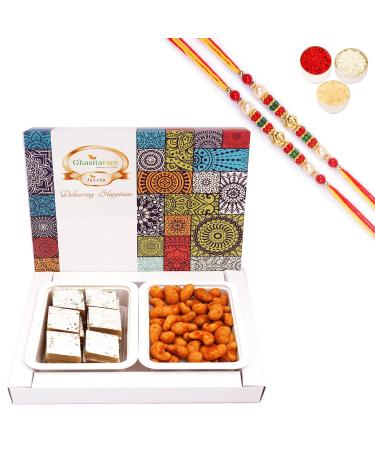 Ghasitaram Gifts Rakhi Gifts for Brothers Festive Box of Kaju Katli and Crunchy Cashews with 2 Pearl Beads Rakhis Box of Kaju Katli and Crunchy Cashews with 2Rakhis