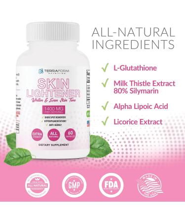 Terraform Nutrition Glutathione Skin Lightening Supplement - 1000mg per Serving - Clear Dark Spots and Acne Scars - 30 Servings - Buy Online on GoSupps.com