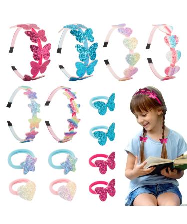 Beafine 6stk.Hair -ripped girl glittering belts sequins hair straps with 8x hair tie heart stars star butterfly hair band rainbow color gradient hair jewelry pink blue 14er set 6 head tapes with 8 hair ties