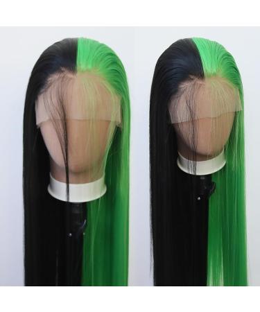 Tawarm Long Half-Black Half-Great Half Hair Points with Time at the front for women natural heat-resistant fiber 33 x 7.6 cm hand-linked cosplay wig (straight black and green)