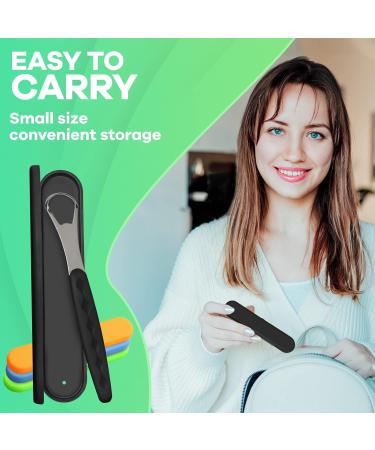Tongue Scraper - Stainless Steel Tongue Cleaner for Adults & Kids | Travel Case Included | Reduce Bad Breath | Black - Buy Online on GoSupps.com