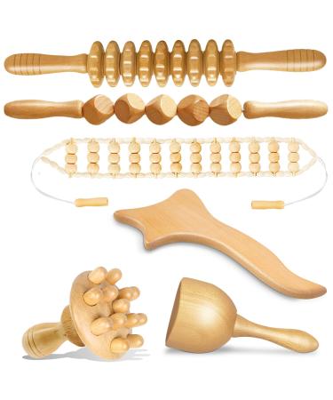 Set of 6 pieces Wood Therapy Tool Maderotherapy Wood Set Massager Roller Cellulite Lymphatic Drainage Device Gua Sha Tools with Box