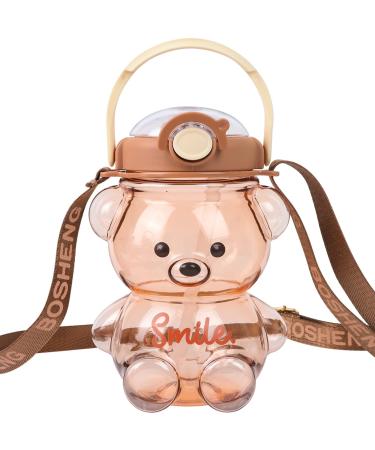 Kawaii Bear Straw Bottle  Large capacity bear water bottle with Strap and Straw  Cute Portable Bear shaped water Bottle Adjustable Removable Strap for outdoor and school activities(grey)