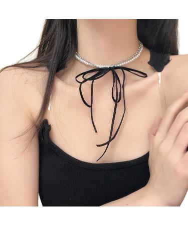 Oralgos Vintage Bowknot Necklace - Elegant Double-Layer Pearl Choker | Aesthetic Collarbone Chain Fashion Jewelry - Buy Online on GoSupps.com