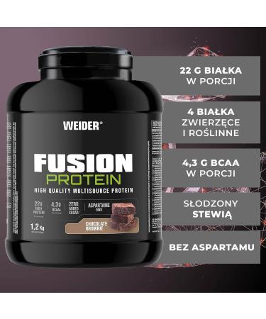 Weider Fusion Protein (1.2kg) Chocolate Brownie Flavor Complete Formula with 4 Quality Protein Sources Animal & Plant 22g Protein + 4.2g BCAA/Dose No Added Sugar No Aspartame - Buy Online on GoSupps.com