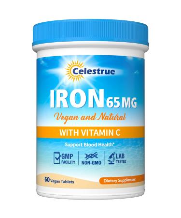 Celestrue Iron Supplement Elemental Iron 65 mg with Vitamin C Non-Constipating Gentle on The Stomach Once Daily Vegan Red Blood Cell Support 60 Tabs