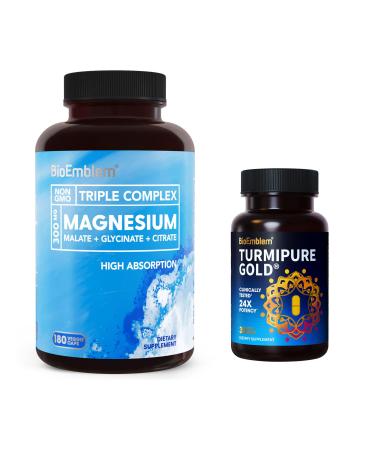 BioEmblem Triple Magnesium Complex & Turmeric Curcumin with Clinically Studied TurmiPure for Healthy Muscle and Nerve Function Vegan Non-GMO