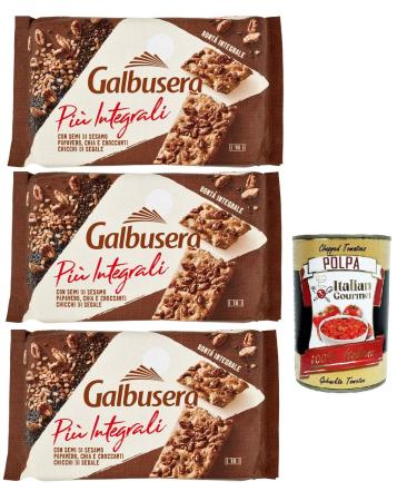 Galbusera Più Integrali con Semolina di Sesame, Poppy, Chia e Croccanti Chicchi di Rye, crackers with sesame seeds, poppy, chia and crispy rye beans, 3 x 380 g + Italian Gourmet