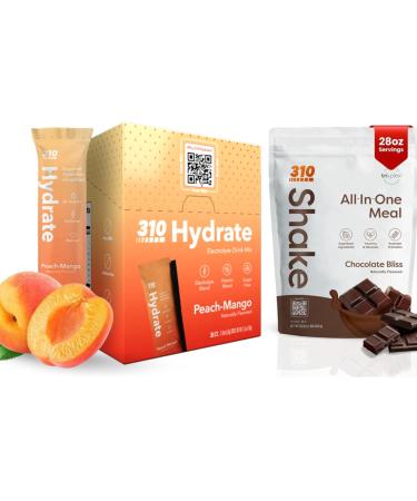310 Shake Chocolate Bliss + Hydrate Peach Mango Bundle Plant-Based Meal Replacement with Superfoods & Electrolytes Keto Friendly Sugar-Free 28 Shake Servings + 30 Hydration Packets