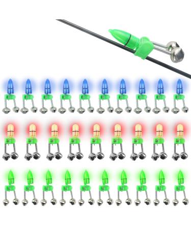 HLOGREE LED Night Fishing Rod Bait Alarm Bell 30pcs/40pcs with Dual Ring Bells Fishing Indicator Fish Bait Alarm Portable Fishing Accessories Bait Alarm Bell Rod Clip Tip for Fishing 10 Red Lights+10 Green Lights+10 Blue Lights