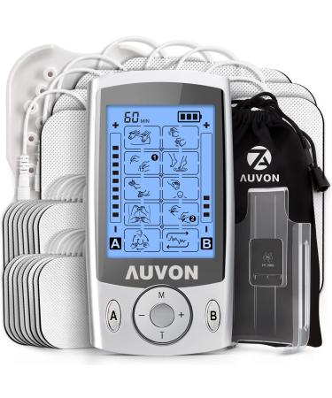 AUVON Dual Channel TENS Unit Muscle Stimulator (Family Pack), 20 Modes Rechargeable TENS Machine Massager with Huge Pack of 24 Pcs Reusable Pads (2"x2" 16pcs, 2"x4" 8pcs) A-silver