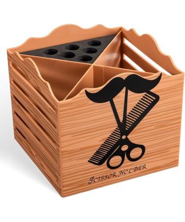 Professional Salon Scissor Shear Holder Box - Brown Wooden Desktop Storage for Hairdressers & Groomers | 4-Grille Sponge Holder with Comber Clips Stand - Buy Online on GoSupps.com