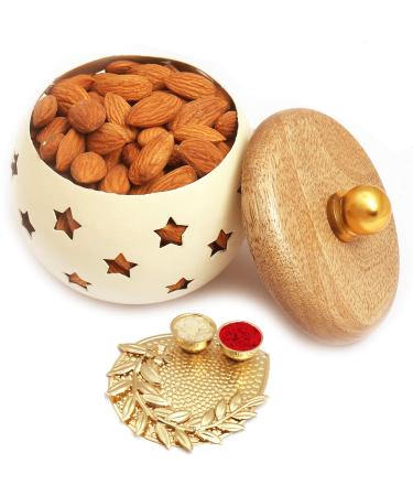 Ghasitaram Gifts Diwali Gifts - White Wooden Almonds Jar with Pooja Thali Diwali Gift Wooden Almonds Jar with Pooja Thali