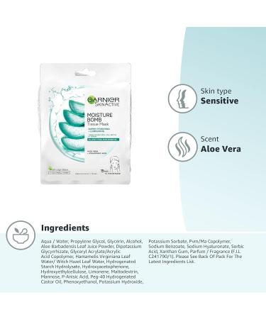 Garnier Moisture Bomb Aloe Vera Hyaluronic Acid Hydrating and Luminating Face Sheet Mask Sensitive Skin 28g - Buy Online on GoSupps.com