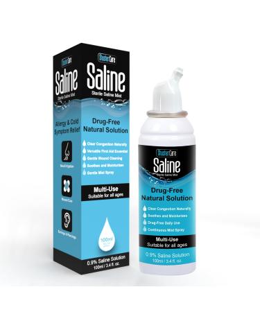Saline Mist 0.9% NaCl | Multi-Purpose Saline Spray | Wound Wash | Piercing Aftercare |Moisturize Dry Sinuses | Normal (isotonic) Saline | Drug Free | 100 ml (3.38 fl oz) Continuous Spray 1 Pack