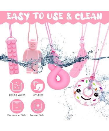 Sensory Chew Necklace Set - 5 Pink Teether Chew Toys for Autistic Children | Anxiety & Biting Relief | Food Grade Silicone Teether for Teething & Oral Motor Needs - Buy Online on GoSupps.com