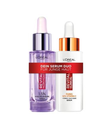 L'Oral Paris Facial Care Set with Hyaluron and Vitamin C serum moisture care for a tight and radiant complexion for every skin type Revitalift Filler Clinical 2 x 30 ml