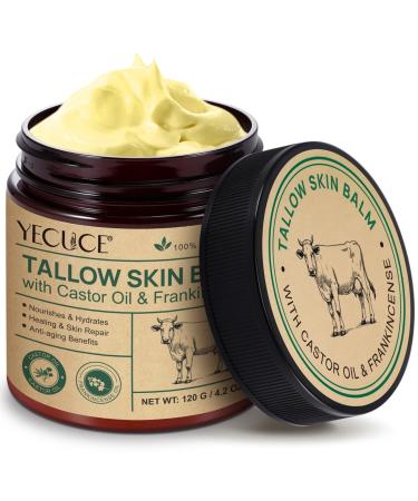 Yecuce Beef Tallow for Skin with Castor Oil and Frankincense 4.2 oz Grass-Fed Tallow Cream Face & Body Moisturizer for Dry Skin
