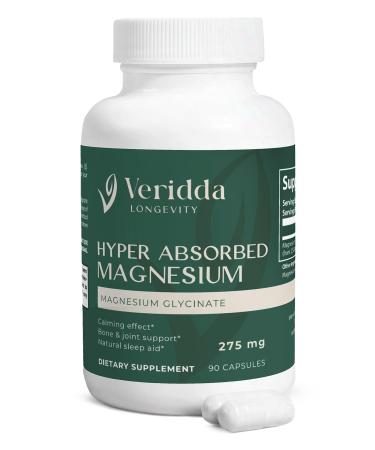 Veridda Longevity Hyper Absorbed Magnesium Glycinate 275 mg Natural Sleep Aid Stress Relief Bone Health 90 Capsules