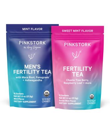 Pink Stork Fertility Tea Bundle for Couples: Women s Sweet Mint + Men s Organic Reproductive Support Tea with Vitamin C Zinc and Herbal Blend for Conception and Wellness 30 Servings Each