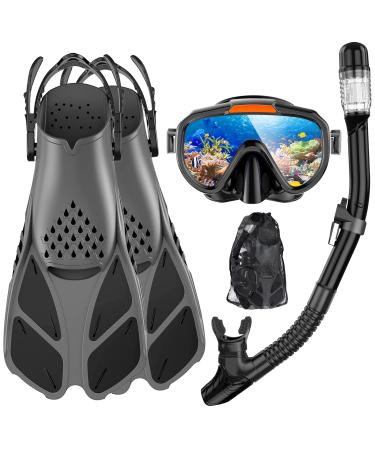 Ubekezele Snorkeling Gear for Adults Men Women,4 in 1 Snorkel Set with Panoramic View Diving Mask Anti-Fog Anti-Leak,Dry Top Snorkel,Fins and Travel Bag for Swimming,Snorkeling and Travel Diving BLACK ML/XL