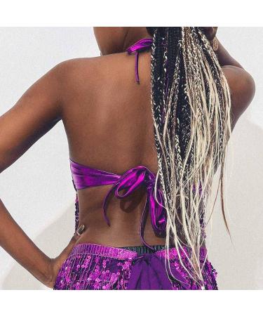TWINKLEDE Purple Sequin Tassel Belly Dance Halter Bra Top - Women's Backless Crop Vest - Buy Online on GoSupps.com