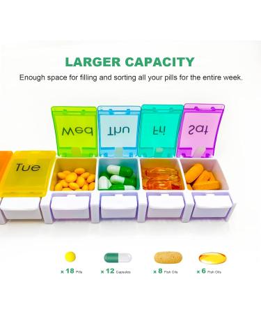 2 Pcs XL Weekly Pill Organizer - Arthritis Friendly Travel 7 Day Pill Box Large Vitamin & Supplement Case - Popup Open Design (Rainbow - Buy Online on GoSupps.com