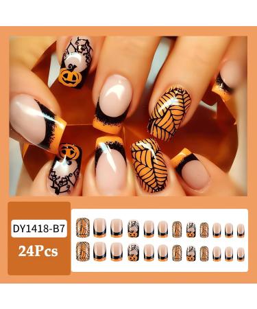 Halloween Medium Fake Nails | Square Press on Nails - Black Spider Web & Orange French - DIY Manicure Decorations for Women - Buy Online on GoSupps.com