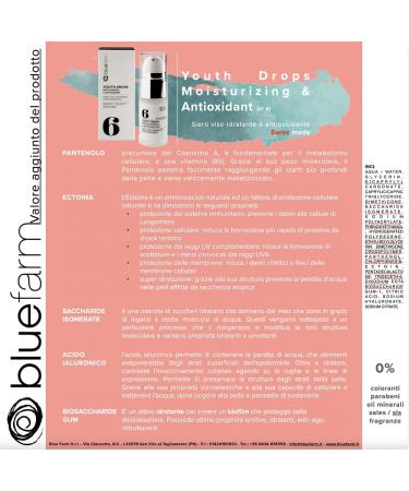 Bluefarm BLUE FARM 6 Youth Drops 30 ml Moisturizing and antioxidant facial serum Concentrate neutralizes cell deterioration natural and photoinduced aging With hyaluronic acid - Buy Online on GoSupps.com