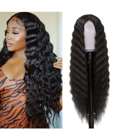 INSTASTYLE 30 Inch Synthetic Curly Wigs for Women Long Black Hair Wig Lace Front 4 Simulated Scalp Natural Loose Deep Wave Crimps Curls Wig As Hair Replacement Wigs 1B 30 Inch Black