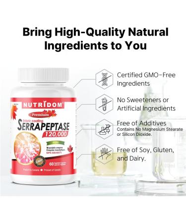 Nutridom Serrapeptase 120 000 SU Enteric Coated Capsules Non-GMO Free of Gluten Soy & Dairy Made in Canada (60 Count) - Buy Online on GoSupps.com