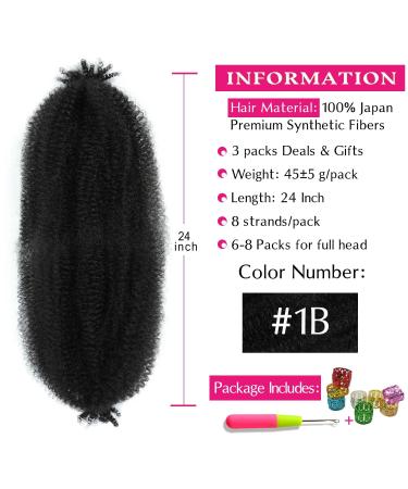 24 Inch Afro Twist Hair 3 Packs - Pre Stretched Springy Locs Hair Extensions in 1B Color - Buy Online on GoSupps.com