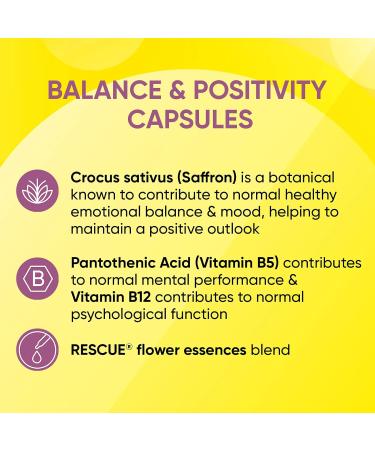 Rescue Balance Capsules: Saffron B5 B12 Vitamins Flower Essences - 30 Day Supply for Emotional Balance and Positivity - Vegan Mood Enhancer for Busy Days - Buy Online on GoSupps.com