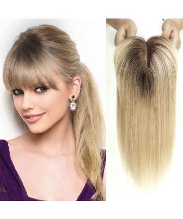 HAIRCUBE Human Hair Toppers For Women  100% Remy Human Hair Topper With Bangs  150% Density Silk Base Clip In Topper 14 inch 40g - Ombre Light Blonde 14 Inch Ombre Light Blonde