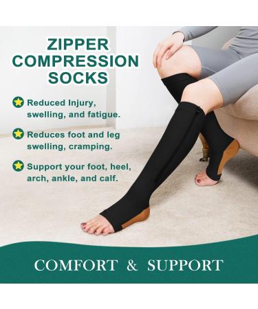 Copper Zipper Compression Socks 15-20mmHg - 2 Pairs, Open Toe Support, Black, Large-X-Large - Buy Online on GoSupps.com