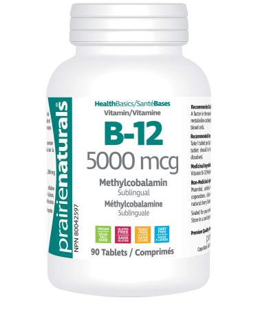 Prairie Naturals Sublingual B12 Methylcobalamin 5000mcg & Folic Acid helps to reduce the risk of neutral tube defects helps the body to metabolize proteins forms red blood cells prevents folate deficiency and Vitamin B12 deficiency - 90 Count