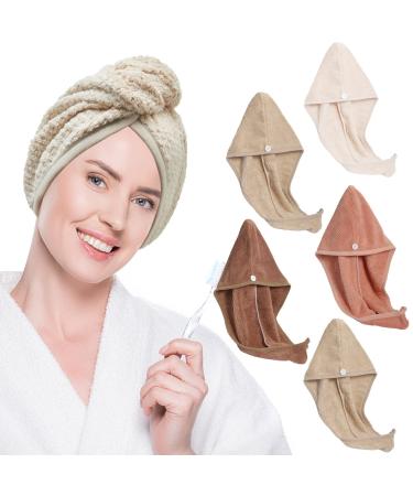 5PCS Hair Towels Microfiber Hair Towel Super Absorbent Quick Dry Hair Turban Hair Drying Towels with Button Ultra-Soft Hair Towel Wrap for Women Dry Hair Caps for Drying Curly Long&Thick Hair