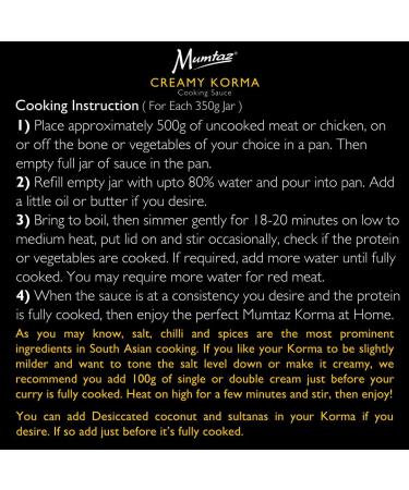 Mumtaz CREAMY KORMA Indian Curry Cooking Sauce - Pack of 6 x 350g - Restaurant Quality At Home - Serves 4-5 - Buy Online on GoSupps.com