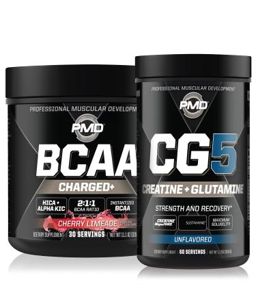 PMD Sports CG5 - Premium Creatine and L-Glutamine Powder (60 Servings) & PMD Sports BCAA Charged Amino Acids for Enhanced Recovery Cherry Limeade (30 Servings)