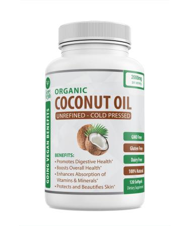 Organic Coconut Oil Capsules 2000mg - 100% Extra Virgin, Cold Pressed for Healthy Skin, Extra Hair Growth, Nail Care, Brain Booster - 120 Softgels - Unrefined Pure & Non GMO Pills - Rich in MCT