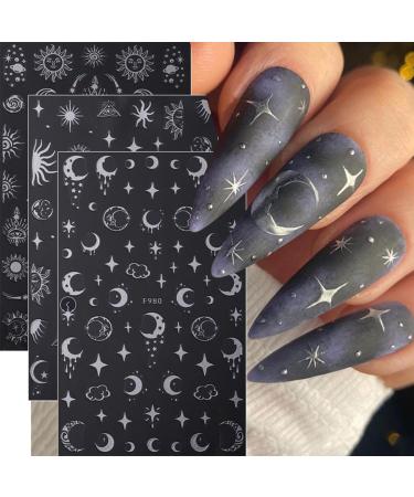 Stylish 3D Metallic Nail Art Stickers - Silver Moon Star & Snake Designs - Luxury Self-Adhesive Decals for DIY Manicure Decoration - Buy Online on GoSupps.com