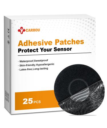Carbou Freestyle Adhesive Patches 25 PCS Breatheable Waterproof CMG Sensor Patches for Libre Enlite Guardian   Pre-Cut Sensor Covers   No Glue in The Center Long Fixation for Your Sensor(Black)