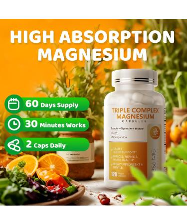 Triple Magnesium Complex - Magnesium Glycinate Taurate & Malate Supplement with Omega3 Ashwagandha GABA for Sleep Brain Heart & Muscle Support - High Absorption and Gentle Vegan 120 Capsules 120 Count (Pack of 1) - Buy Online on GoSupps.com