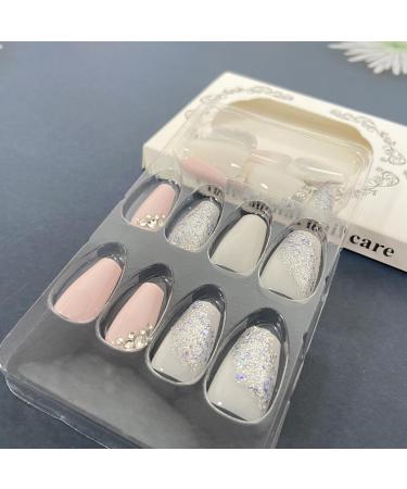 Buy Silver Glitter Press on Nails - Medium Square Fake Nails with Rhinestones | Glossy Pink & White Artificial Nails for Women & Girls | Reusable DIY Manicure - Buy Online on GoSupps.com