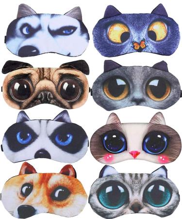 8 Pack Cute Animal Funny Sleep Eye Mask for Sleeping Cat Dog Soft Plush Blindfold Sleep Masks Eye Cover Eyeshade for Kids Girls Men Women Plane Travel Nap Night Sleeping