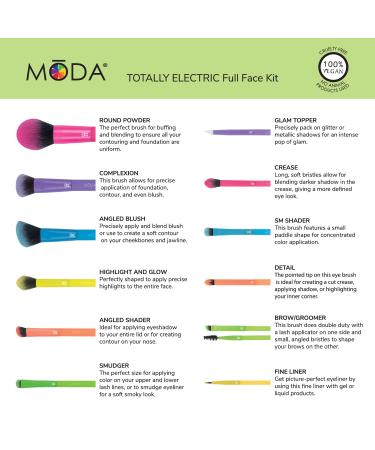 MODA Totally Electric 13pc Full Face Makeup Brush Set with Zip Case - Powder, Complexion, Blush, Shader, Smudger & Crease Brushes (Multi-colored) - Buy Online on GoSupps.com