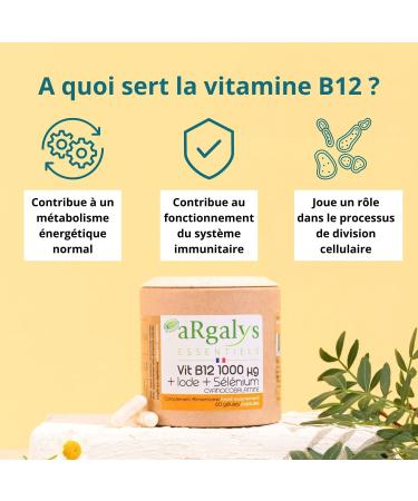 Vegan Vitamin B12 1000 g | 7 month cure | + Iodine and Selenium | Cyanocobalamin | Recyclable | 60 capsules made in France | Dietary supplements | Argalys Essentials  - Buy Online on GoSupps.com