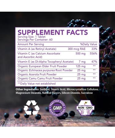 Elderberry Queen Chewable Vitamin C 500mg - Immune Boost & Antioxidant Support Tablets with Vitamin A, E & Organic Echinacea, Elder Fruit, Acerola - Natural Dietary Supplement, 60 Count - Buy Online on GoSupps.com