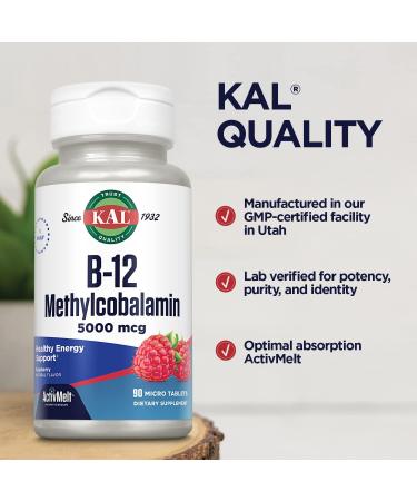 KAL Vitamin B12 Methylcobalamin 5000mcg | Healthy Energy & Metabolism Support | Fast Dissolve ActivMelts | Natural Raspberry Flavor | 90 Servings - Buy Online on GoSupps.com